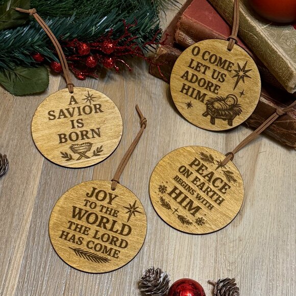 Wood Burned Christmas Faith Ornament Set of 4 Rustic Cottagecore Christmas - Picture 2 of 8